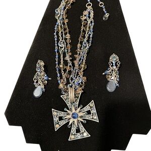Elegant Silver and Blue Cross Necklace and Earring Set